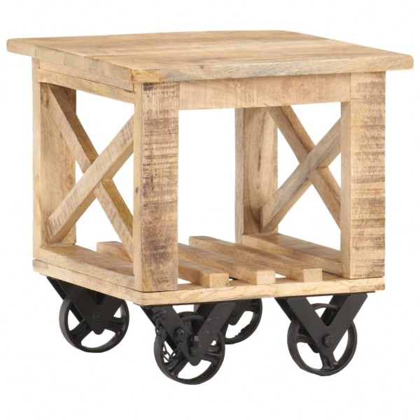 Mesa auxiliar con ruedas madera de mango rugosa 40x40x42 cm D