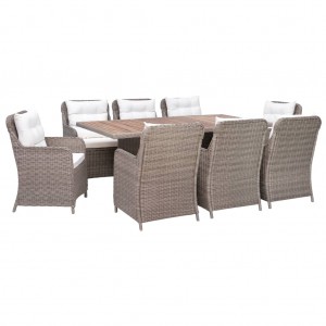 Set de comedor jardín 9 piezas cojines ratán sintético marrón D