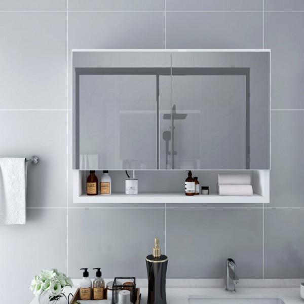 Armario de espejo de baño con LED MDF blanco 80x15x60 cm D