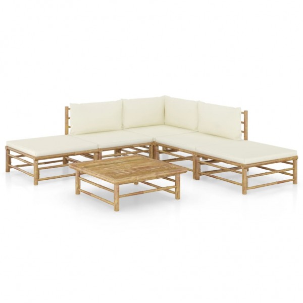 Conjunto de móveis de jardim 6 peças de bambu e almofadas branco creme D