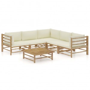 Set de muebles de jardín 6 piezas bambú y cojines blanco crema D