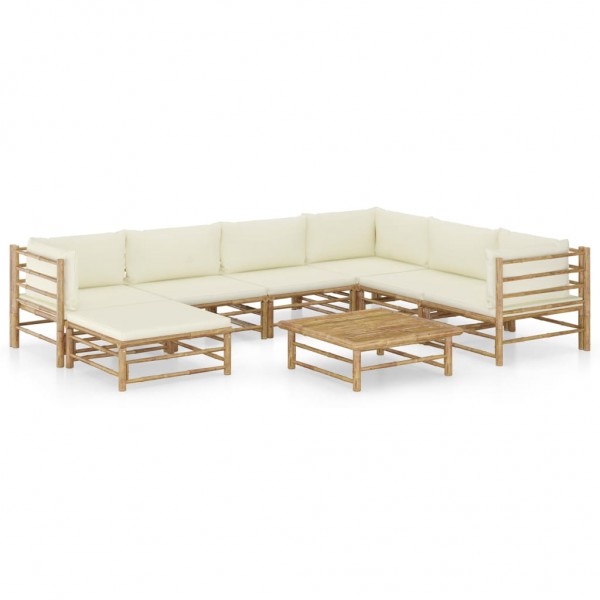 Conjunto de mobiliário de jardim 8 peças de bambu e almofadas branco creme D