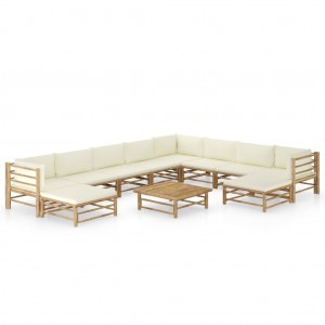 Set de muebles de jardín 11 piezas bambú y cojines blanco crema D