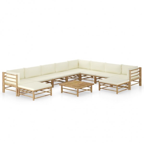 Conjunto de móveis de jardim 11 peças de bambu e almofadas branco creme D