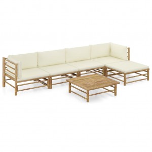 Set de muebles de jardín 6 piezas bambú y cojines blanco crema D