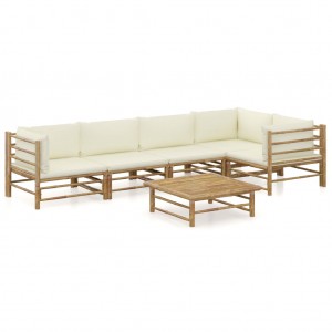 Set de muebles de jardín 6 piezas bambú y cojines blanco crema D