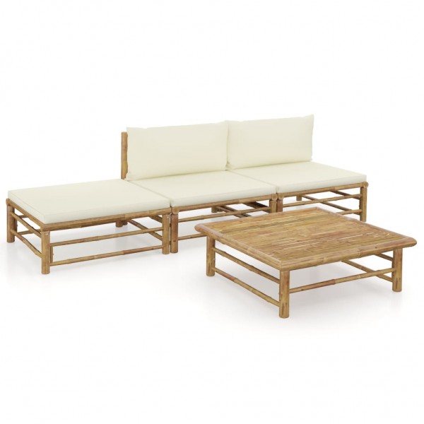 Set de muebles de jardín 4 piezas bambú y cojines blanco crema D