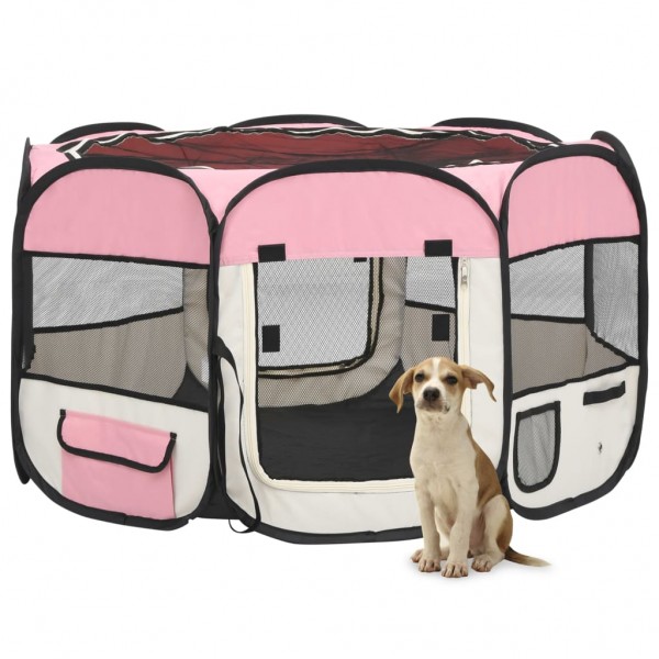Parque de cães dobrável e saco de transporte rosa 110x110x58cm D