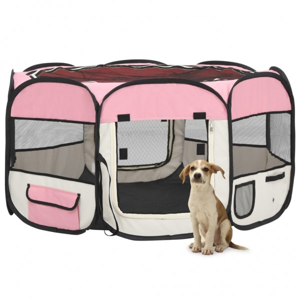 Parque de cães dobrável e saco de transporte rosa 125x125x61cm D