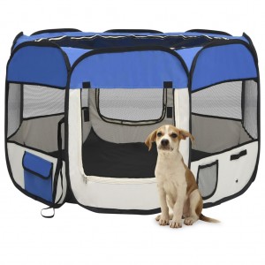 Parque de perros plegable y bolsa de transporte azul 90x90x58cm D