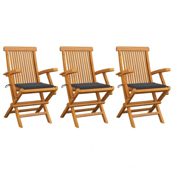Três cadeiras de jardim de teca com almofadas de cinza anthracite D