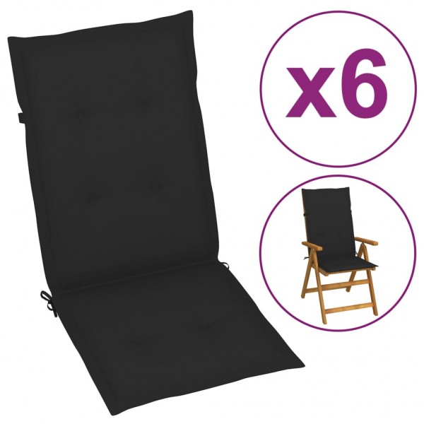Cojín silla de jardín respaldo alto 6 uds tela negro 120x50x3cm D
