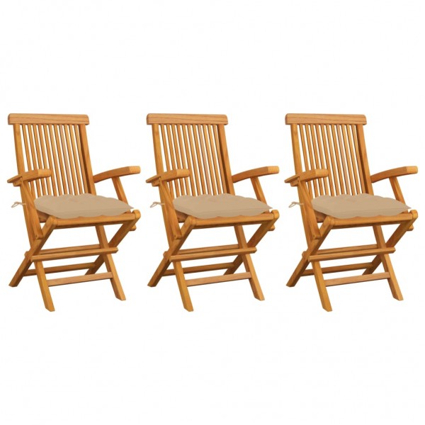 Cadeiras de jardim 3 peças em madeira maciça de teca com almofadas bege D