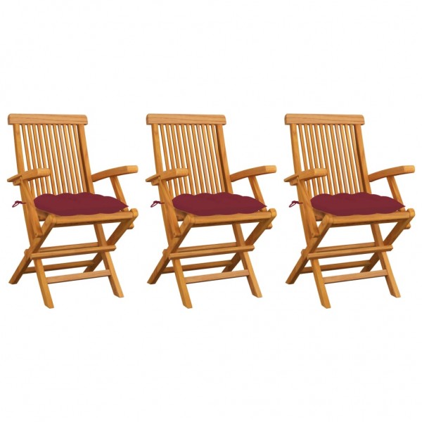 Cadeiras de jardim 3 peças em madeira de teca com almofadas vermelhas D