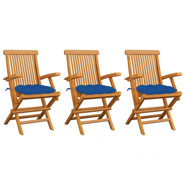 Cadeiras de jardim 3 peças em madeira maciça de teca com almofadas azuis D