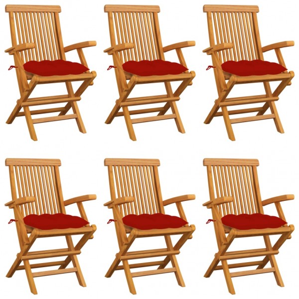 Cadeiras de jardim 6 peças em madeira maciça de teca com almofadas vermelhas D