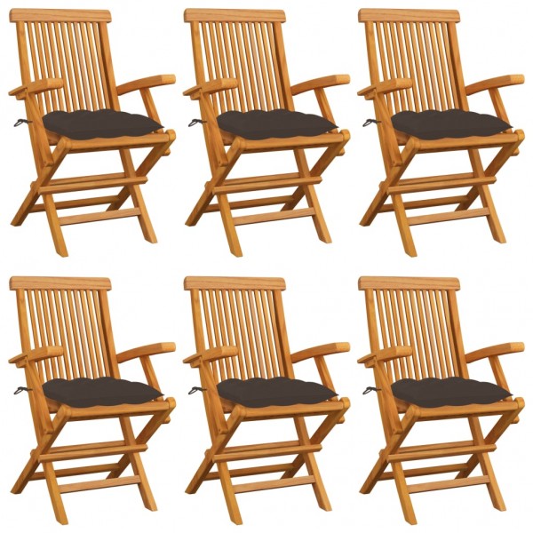 Cadeiras de jardim 6 unidades em madeira de teca com almofadas cinza-acinzentadas D