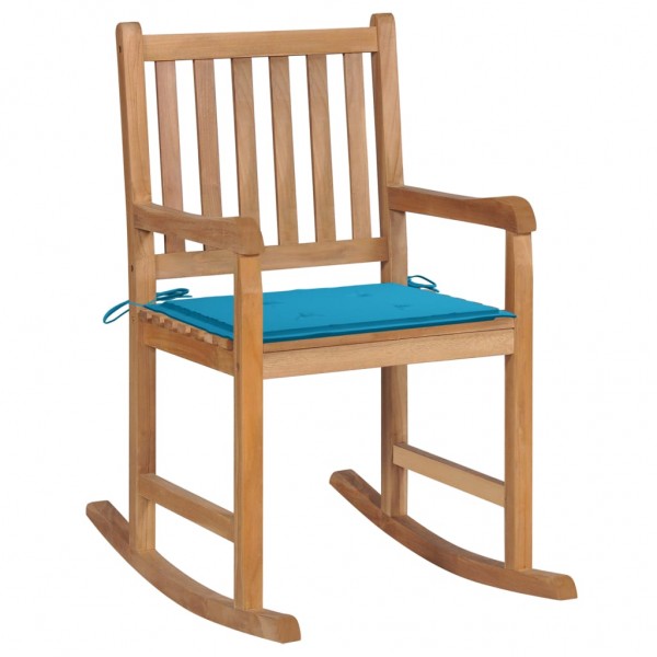 Cadeira de balanço de madeira maciça de teca com almofada azul D