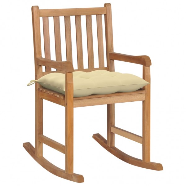 Cadeira de balanço de madeira maciça de teca com almofada branca creme D