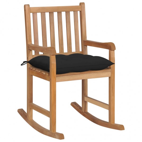 Cadeira de balanço em madeira maciça de teca com almofada preta D