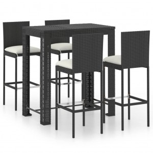 Set muebles bar jardín 5 piezas y cojines ratán sintético negro D