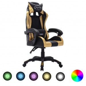 Silla gaming con luces LED RGB cuero sintético dorado y negro D