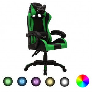 Cadeira gamer com luzes LED RGB em couro sintético verde e preto D