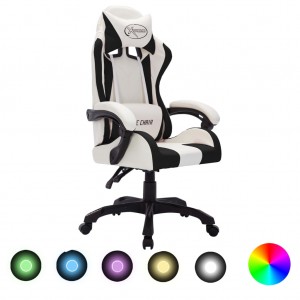 Cadeira de jogos com luzes LED RGB couro sintético branco e preto D