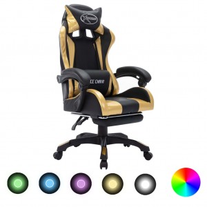 Cadeira de jogos com luzes LED RGB couro sintético dourado e preto D