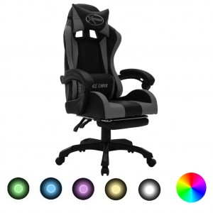 Cadeira de jogos com luzes LED RGB couro sintético cinza e preto D