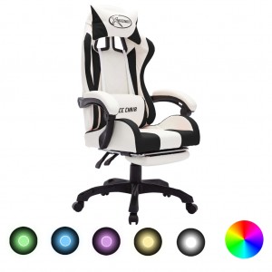 Cadeira de jogos com luzes LED RGB couro sintético preto e branco D