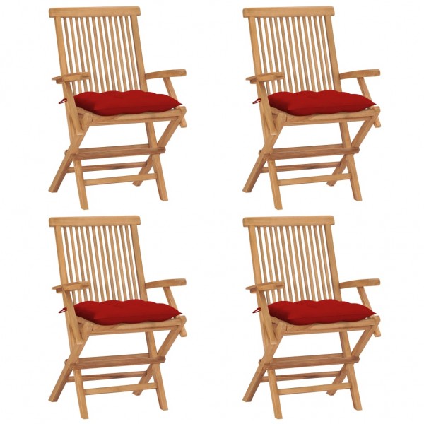 Cadeiras de jardim 4 unidades com almofadas vermelhas em madeira maciça de teca D