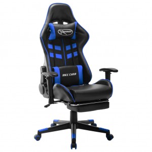 Cadeira de jogos com apoio de pés de couro sintético preto e azul D