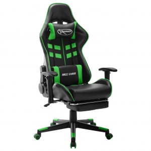 Cadeira de jogos com suporte para pés de couro sintético preto e verde D