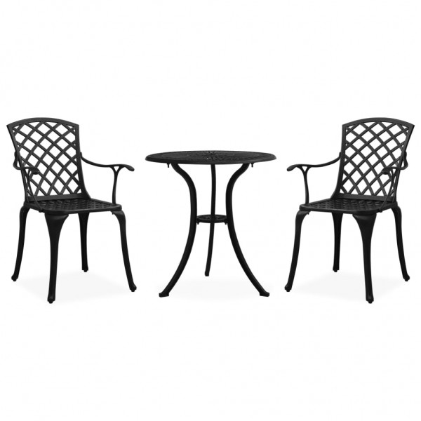 Mesa e cadeiras de bistro 3 peças de alumínio fundido preto D