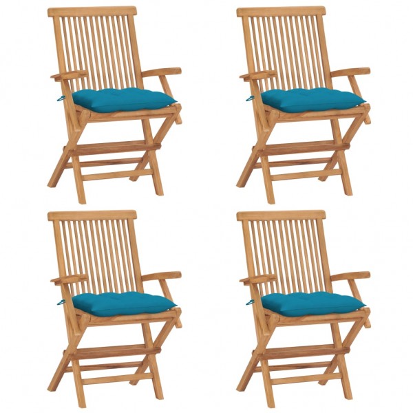 Quatro cadeiras de jardim de teca com almofadas de azul claro D