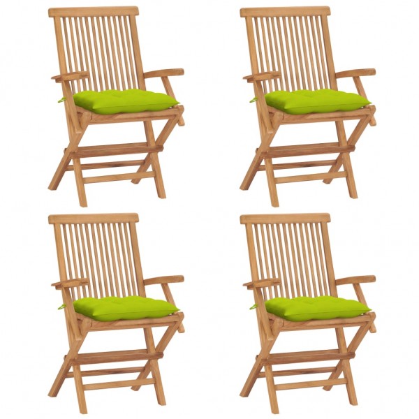 Quatro cadeiras de jardim de teca e almofadas verdes brilhantes D