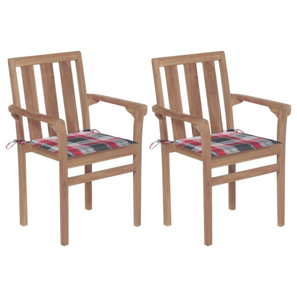 Sillas de jardín 2 uds madera teca con cojines a cuadros rojos Sillas de jardín 2 uds madera teca con cojines a cuadros rojos D