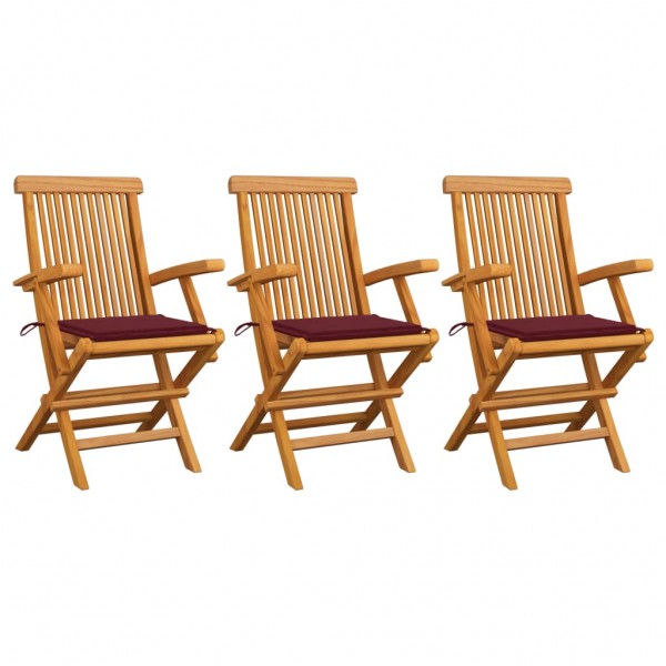 Cadeiras de jardim 3 uds madeira teak com almofadas vermelhas vermelho vermelho vermelho tintura D