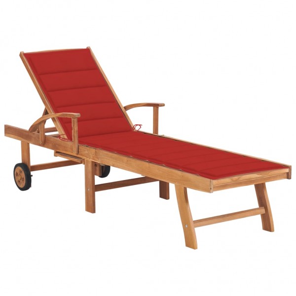 Espreguiçadeira com almofada vermelha em madeira maciça de teca D