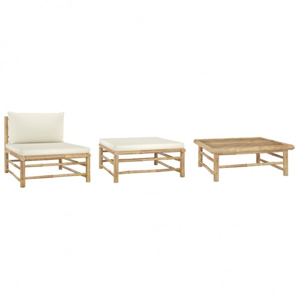 Set de muebles de jardín 3 piezas bambú y cojines blanco crema D
