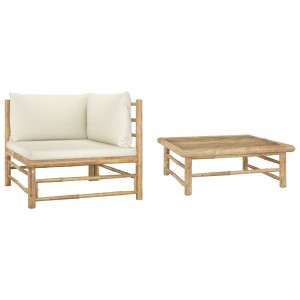 Set de mobília de jardim 2 peças de bambu e almofadas branco creme D