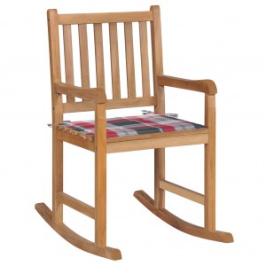 Silla mecedora de madera maciza teca con cojín a cuadros rojos D