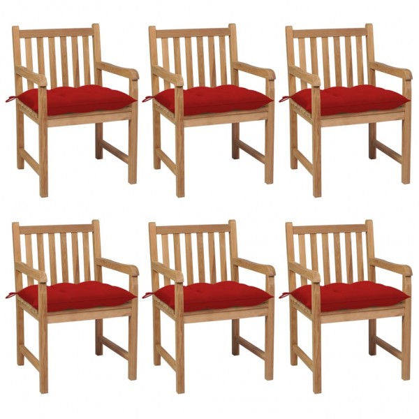 Cadeiras de jardim 6 unidades de almofadas vermelhas em madeira maciça de teca D