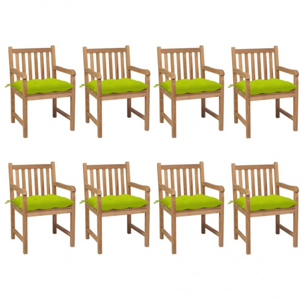 Cadeiras de jardim 8 unidades de madeira maciça de teca com almofadas verdes brilhantes D