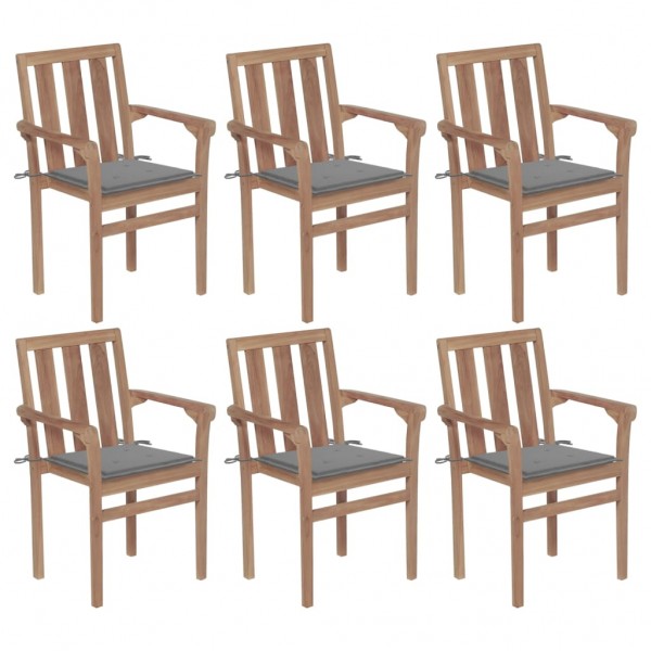 Cadeiras de jardim empilháveis 6 peças em madeira maciça de teca com almofadas D