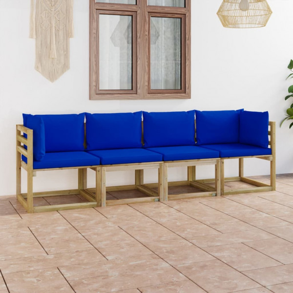 Sofá de jardim de 4 lugares com almofadas azuis D
