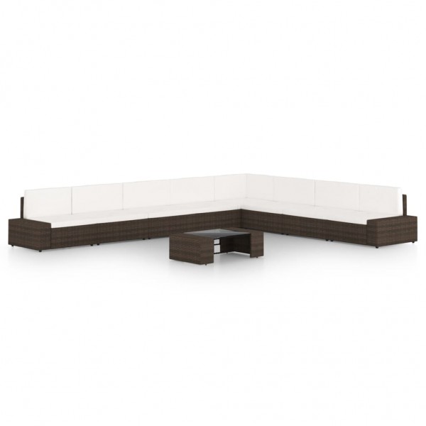 Set muebles de jardín 9 pzas y cojines ratán sintético marrón D
