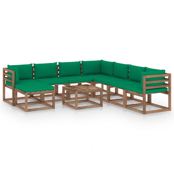 Muebles de jardín 9 piezas con cojines verde D