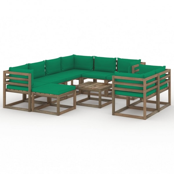 Juego de muebles de jardín 10 piezas con cojines verde D